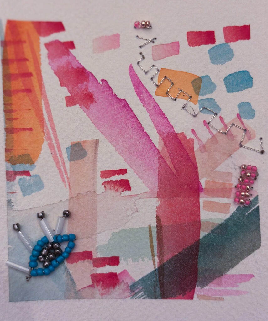 mini abstract watercolor painting embroidered with seed beads