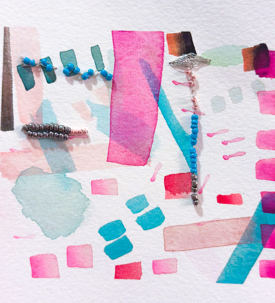 mini abstract watercolor painting embroidered with seed beads