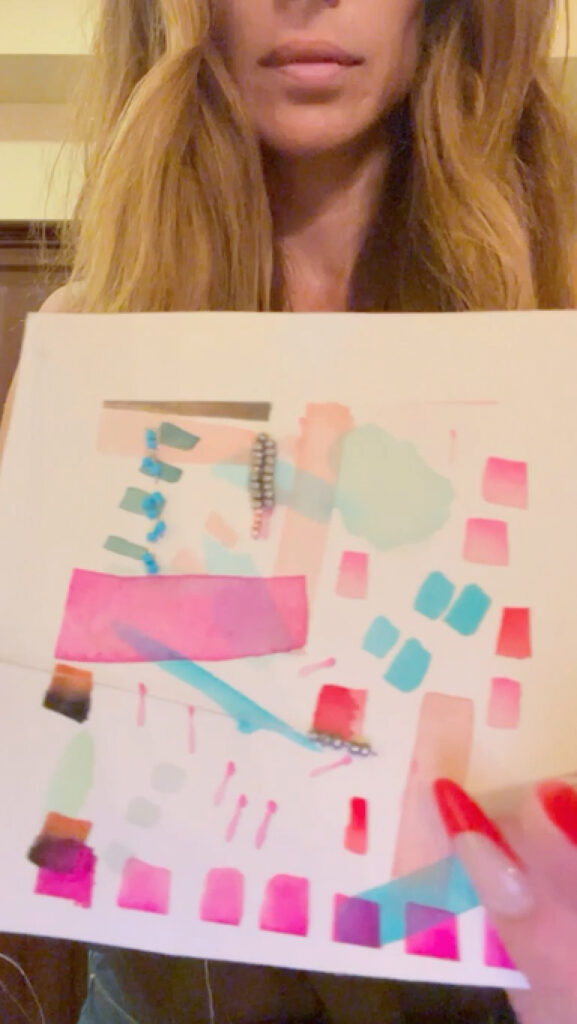 Tiny watercolor painting with seed beads and bugle beads embroidered on paper