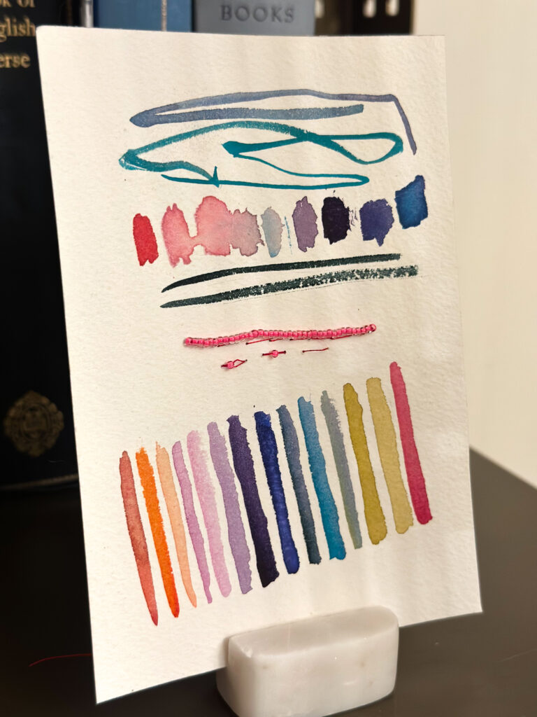 mini abstract watercolor painting embroidered with seed beads