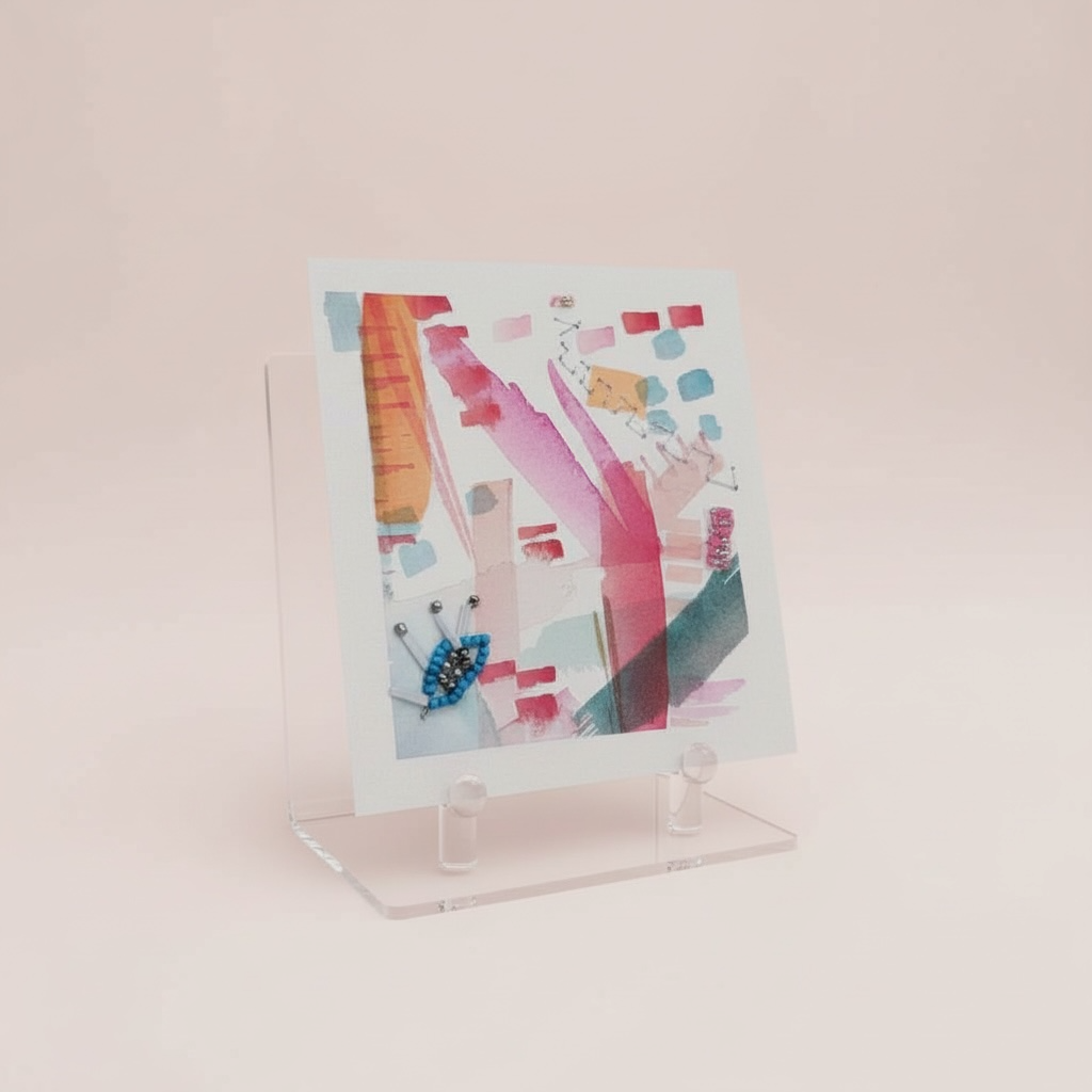 mini abstract watercolor painting embroidered with seed beads in an acrylic frame stand 
